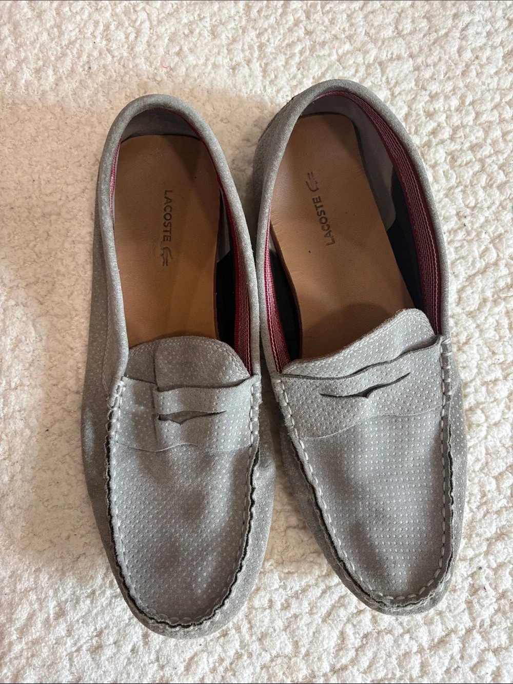Lacoste Men's Light Gray Suede Penny Loafers with Maroon Trim